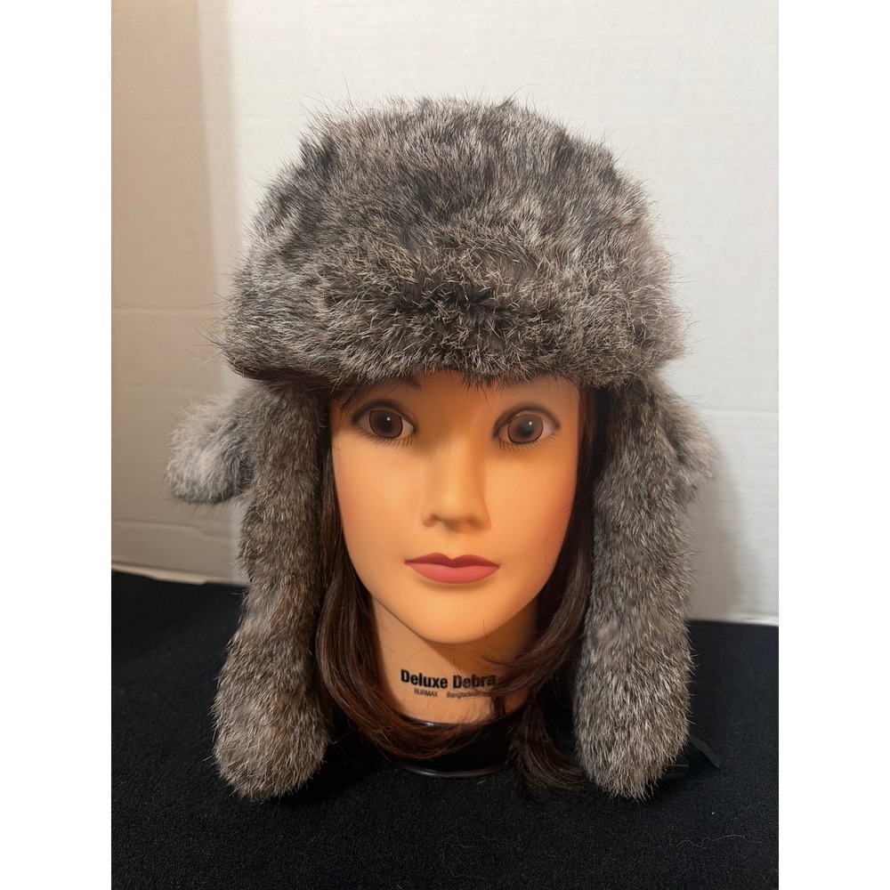 Mad Bomber Trapper Hat Black Nylon Natural Rabbit Fur Ear Flaps Aviator Large